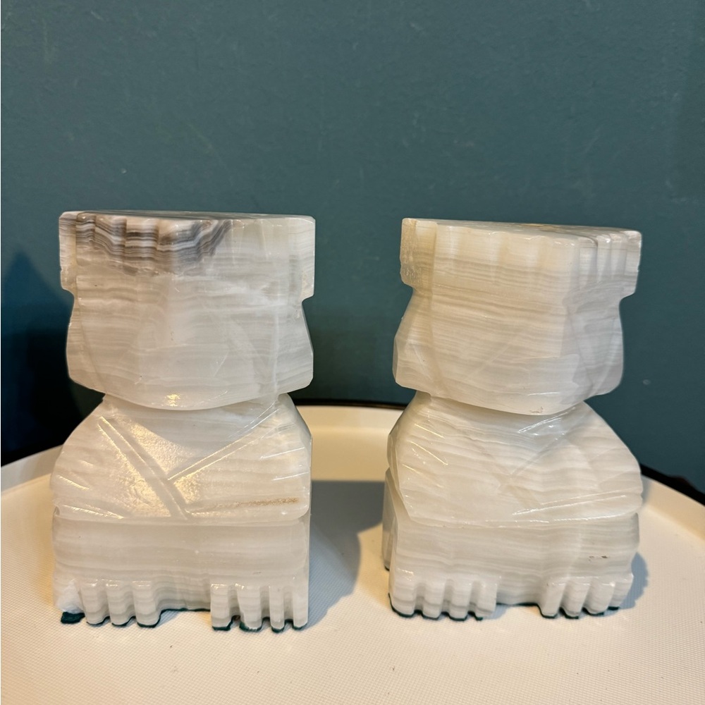 PAIR Vintage Carved Stone Onyx Aztec Mayan Tiki Statue Bookends, 5.5"